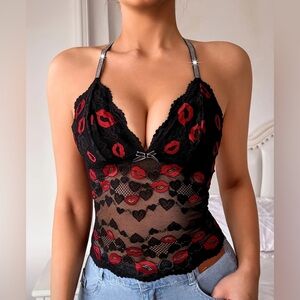 Black Lace Top with Red Lip Print